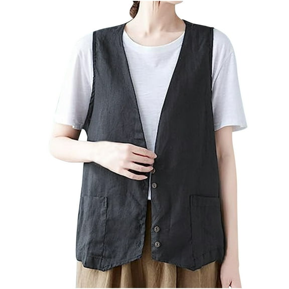 Diufon Cotton Linen Womens Vest V Neck Sleeveless Button Blouses Solid Color Casual Tops