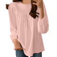 thumbnail image 1 of Diufon Cotton Long Sleeve T Shirts for Women Fashion Pleated Solid Color Tunics Round Neck Blouses, 1 of 7