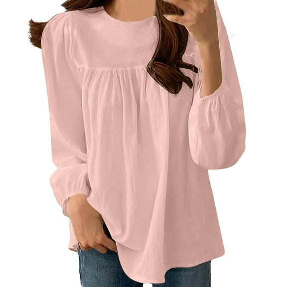 Diufon Cotton Long Sleeve T Shirts for Women Fashion Pleated Solid Color Tunics Round Neck Blouses
