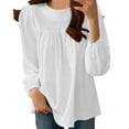 thumbnail image 1 of Diufon Cotton Long Sleeve T Shirts for Women Fashion Pleated Solid Color Tunics Round Neck Blouses, 1 of 4
