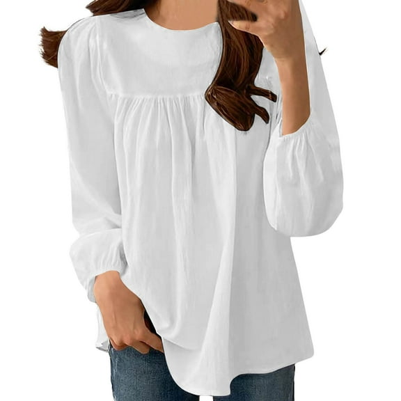 Diufon Cotton Long Sleeve T Shirts for Women Fashion Pleated Solid Color Tunics Round Neck Blouses