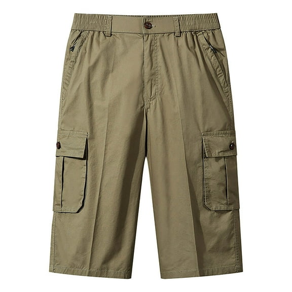 Diufon Cotton Mens Shorts Elastic Waist Shorts with Multi Pockets Solid Color Knee Length Shorts