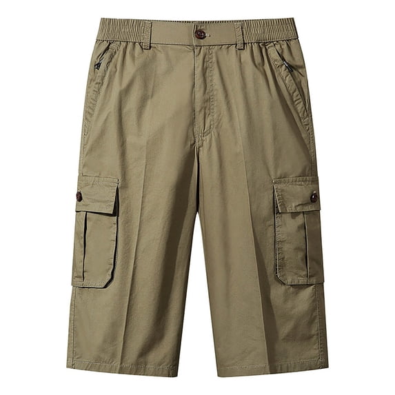 Diufon Cotton Mens Shorts Elastic Waist Shorts with Multi Pockets Solid Color Knee Length Shorts