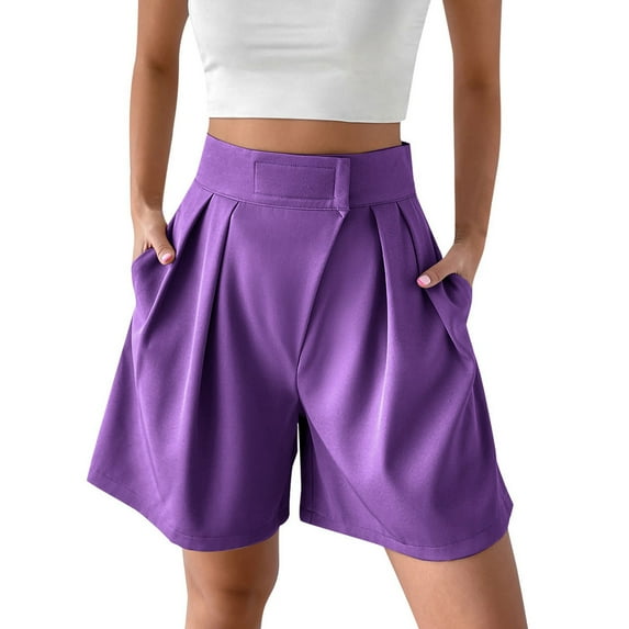 Diufon Cotton Shorts for Women High Waist Pleated Wide Leg Shorts with Pockets Solid Color Shorts
