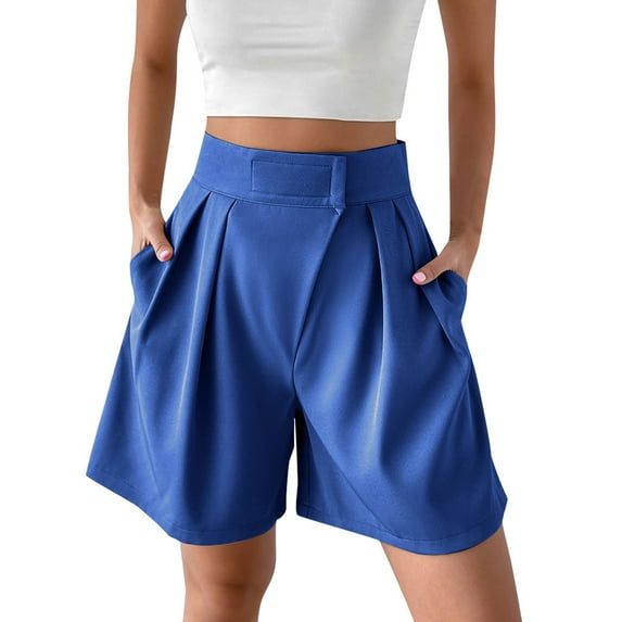 Diufon Cotton Shorts for Women High Waist Pleated Wide Leg Shorts with Pockets Solid Color Shorts