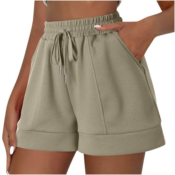 Diufon Cotton Shorts for Women Solid Color Shorts with Pockets Elastic Waist Drawstring Athletic Shorts
