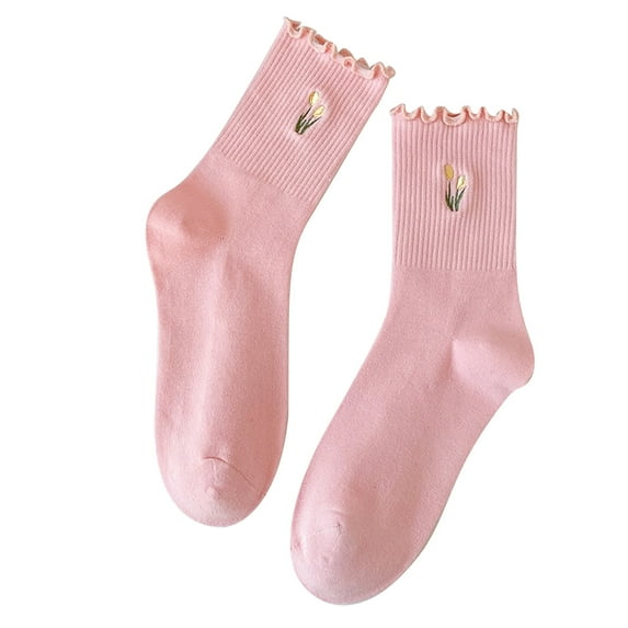 Diufon Cotton Socks for Women Casual Cute Embroidery Ruffle Sock Colorful Fashion Middle Tube Crew Socks