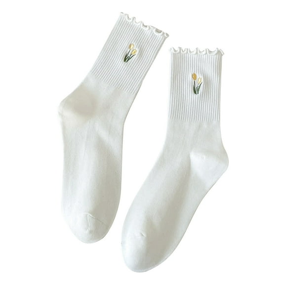 Diufon Cotton Socks for Women Casual Cute Embroidery Ruffle Sock Colorful Fashion Middle Tube Crew Socks