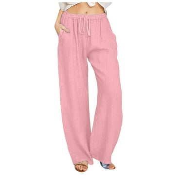 Diufon Cotton Straight Pants for Women Elastic Waist Wide Leg Pants Drawstring Lounge Pants with Pockets