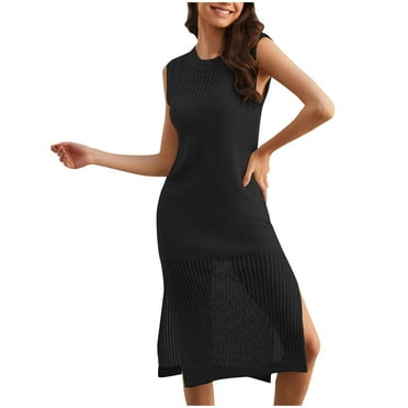 Diufon Cover up Dresses for Women Solid Color Maxi Dress Crewneck Sleeveless Side Hem Split Dress