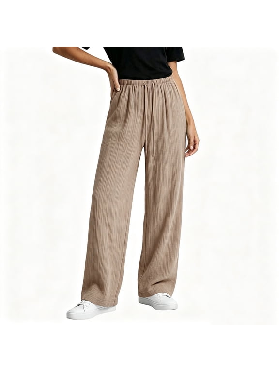 Crinkle Palazzo Pants for Women Drawstring High Waist Wide Leg Flowy Bottoms Casual Loose Trousers