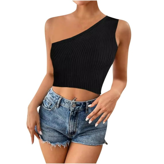 Diufon Crop Tops for Women Summer Casual Knit Solid Color Tops One Shoulder Sleeveless Blouses