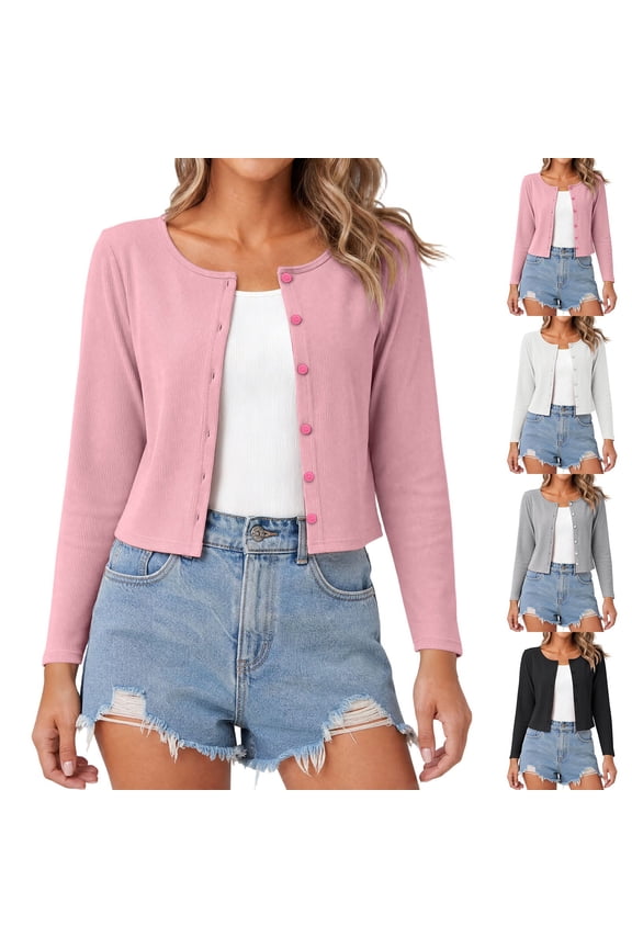 Cropped Cardigan for Women Ribbed Knit Button Down Crew Neck Outerwear Fall Fashion Open Front Shrugs