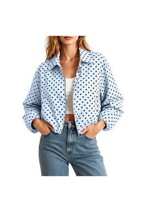 Cropped Jacket for Women Polka Dot Long Sleeve Full Zip Jackets Lapel Coats Fall Fashion Clothes for Outerwear & Travel