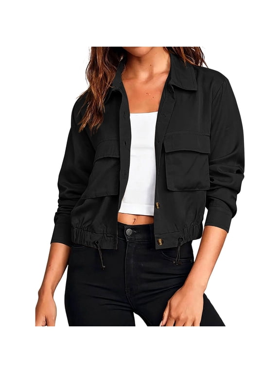 Cropped Jackets for Women Button Down Long Sleeve Cargo Tops Fall Casual Outerwear Coat with Pockets