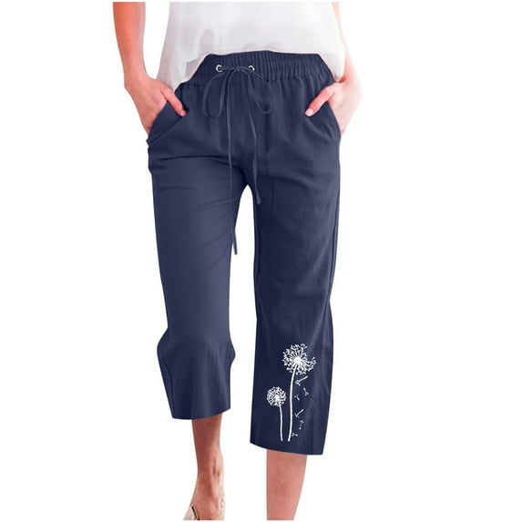 Diufon Printed Pants for Women Cotton Linen Pants with Pocket Drawstring Elastic High Waist Pants