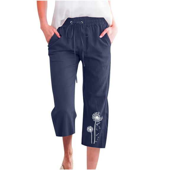 Diufon Printed Pants for Women Cotton Linen Pants with Pocket Drawstring Elastic High Waist Pants