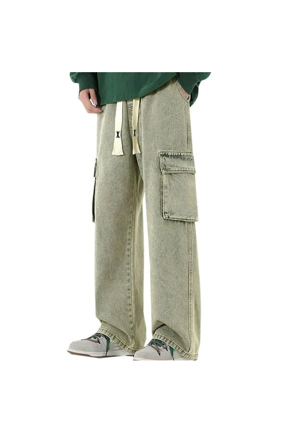 Denim Cargo Pants for Men Straight Leg Streetwear Sport Jeans Hiking Sweatpants with Multi Pockets