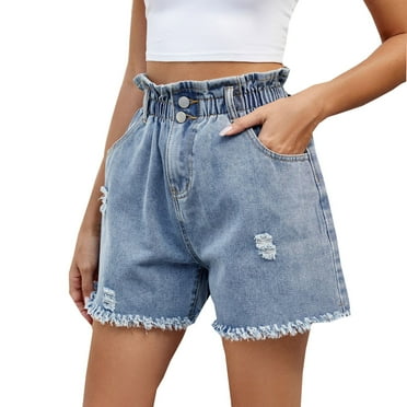 Diufon Denim Shorts for Women Ruffle Elastic Midi Waist Button Shorts Ripped Frayed Shorts with Pockets