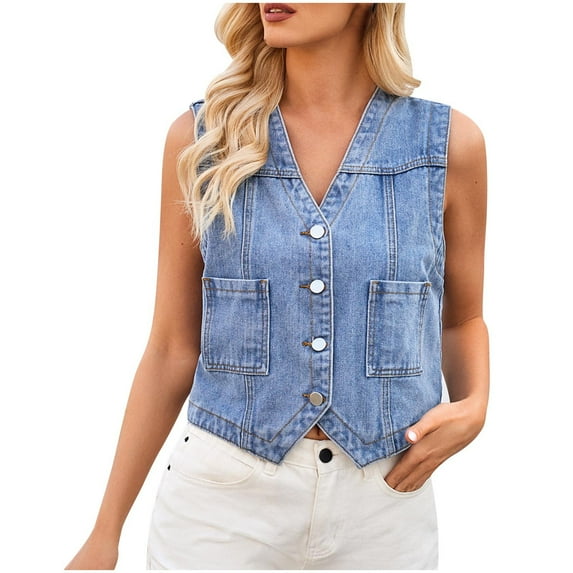 Diufon Denim Vest for Women Sleeveless Button Down Jackets V Neck Solid Color Tanks with Pockets