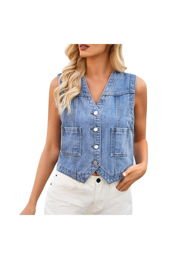 Denim Vest for Women Sleeveless Button Down Jackets V Neck Solid Color Tanks with Pockets