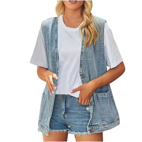 Diufon Denim Vest for Women Solid Color Loose Jean Coats Button Sleeveless Tops with Pockets