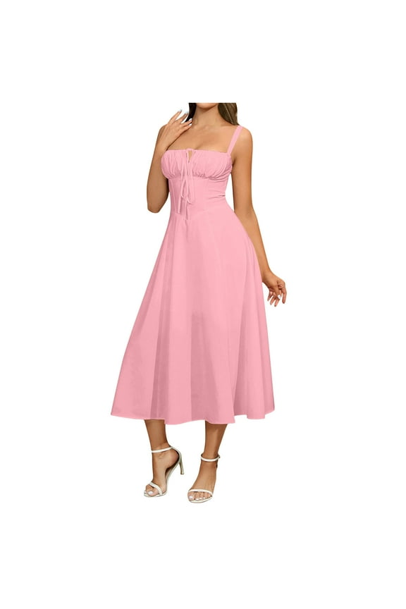 Dresses for Women Elegant Wedding Boho Flowy Pleated Dress Party A Line Slit Lace Up Sundress