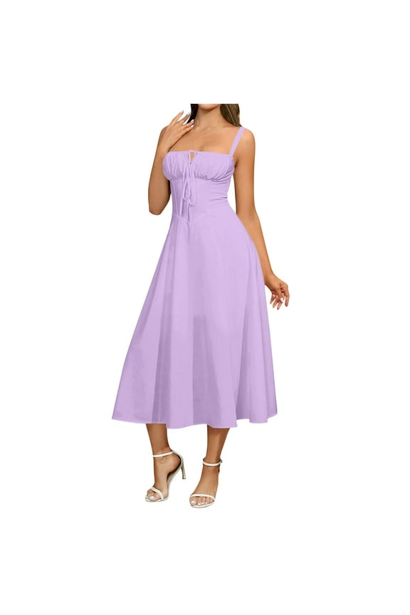 Dresses for Women Elegant Wedding Boho Flowy Pleated Dress Party A Line Slit Lace Up Sundress