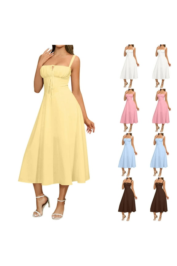 Dresses for Women Elegant Wedding Boho Flowy Pleated Dress Party A Line Slit Lace Up Sundress