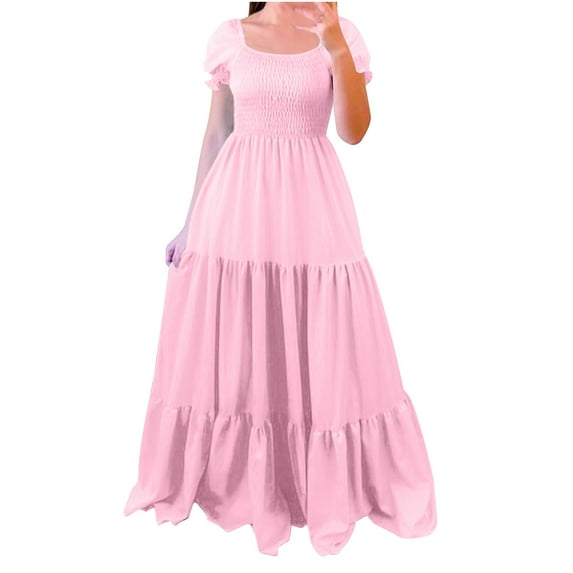 Diufon Dresses for Women Square Neck Short Sleeve Maxi Dress Solid Color Elastic Waist Pleated Dress