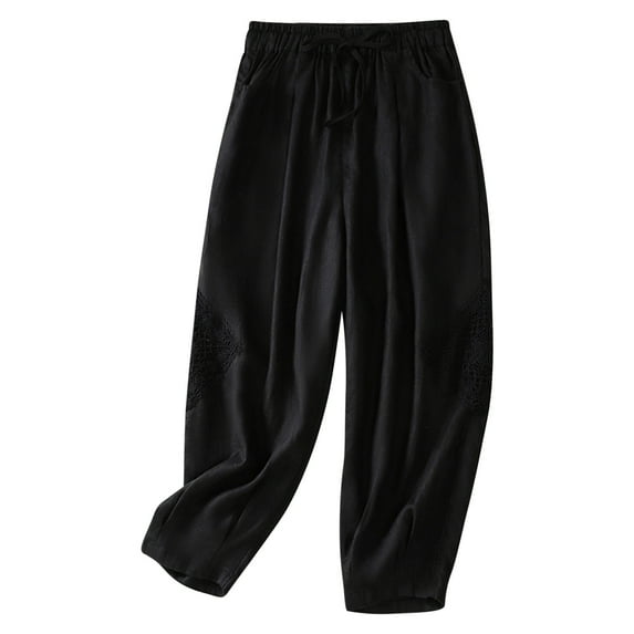 Diufon Elastic High Waist Drawstring Pants for Women Pleated Lounge Pants Pockets Lace Patchwork Pants