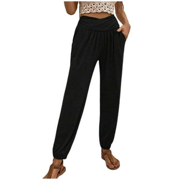 Diufon Elastic High Waist Pants for Women Solid Color Lounge Pants with Pockets Trendy Pleated Palazzo Pants