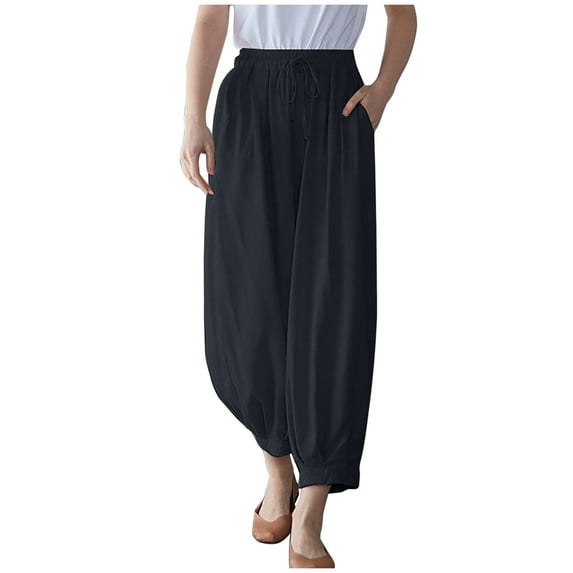 Diufon Elastic Waist Lounge Pants for Women Drawstring Wide Leg Pants with Pockets Pleated Cotton Linen Pants