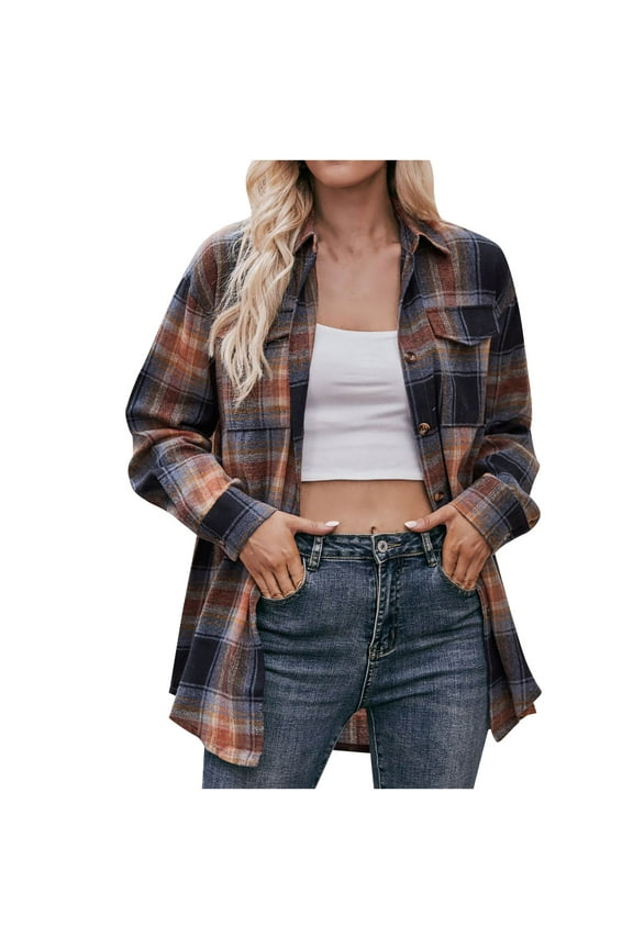 Fall Casual Shirts for Women Plaid Printed Coats Lapel Button Long Sleeve Blouses with Pockets