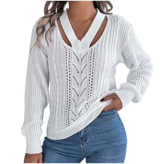 Diufon Fall Casual Womens Sweaters V Neck Long Sleeve Blouses Solid Color Hollow out Tops