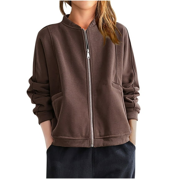 Diufon Fall Cotton Womens Jackets Solid Color Casual Blouses Zipper Long Sleeve Coats with Pockets