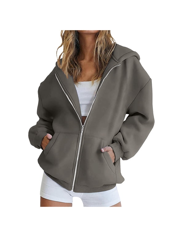 Womens Zip Up Hoodies Oversized Long Sleeve Sweatshirts Fall Fashion Jackets Winter Clothes with Pockets