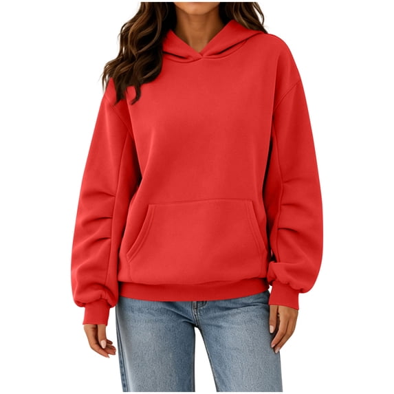 Diufon Fall Hoodies for Women Long Sleeve Fleece Thermal Oversized Sweatshirt with Front Pocket Winter Basic Loose Pullover
