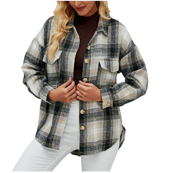Diufon Fall Shirts for Women Plaid Printed Coats Lapel Button Long Sleeve Blouses with Pockets