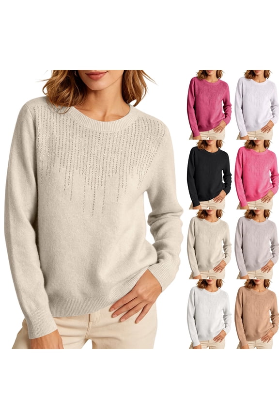 Fall Sweaters for Women Long Sleeve Rhinestones Decor Creweck Pullover Knitted Going Out Party Sweater