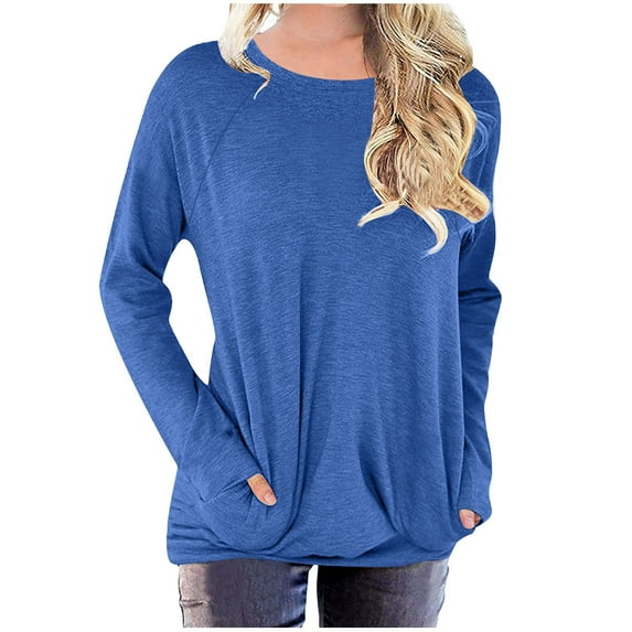 Diufon Fall Tops for Women Round Neck Long Sleeve Blouses Casual Solid Color Tunics with Pockets