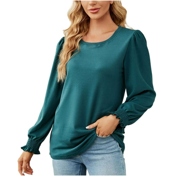 Diufon Fall Tunics for Women Round Neck Puff Ruffle Long Sleeve Tops Casual Solid Color Blouses