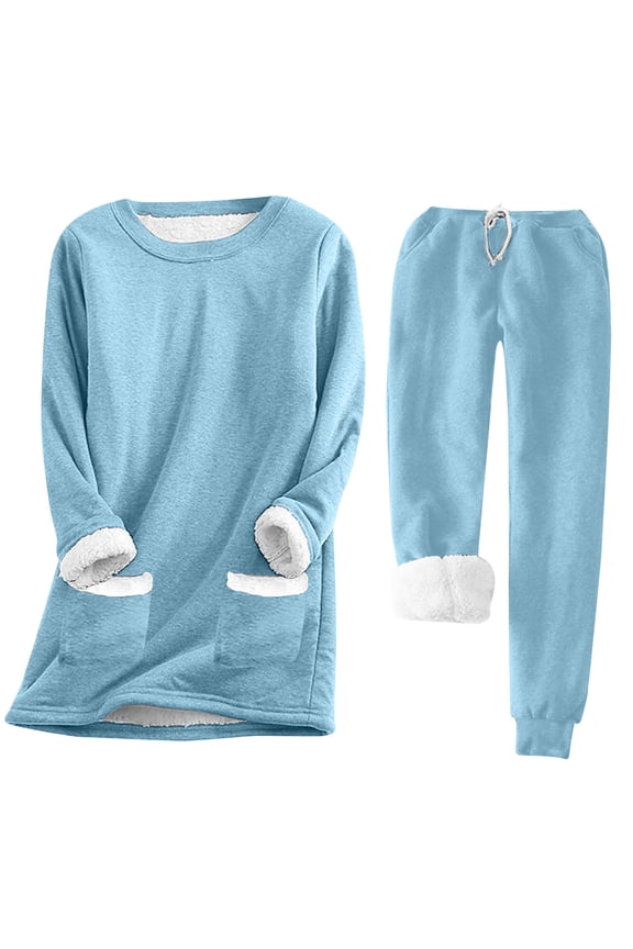 Fall Winter Plush Suits for Women Warm Long Sleeve Tops with Pocket and Pants Thermal 2 Piece Outfits