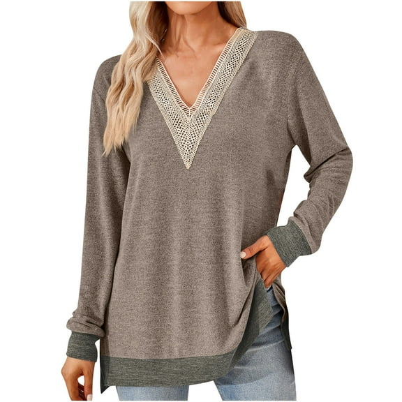 Diufon Fall Womens Long Sleeve Tops Casual Solid Color Tunics Lace Patchwork V Neck Blouses