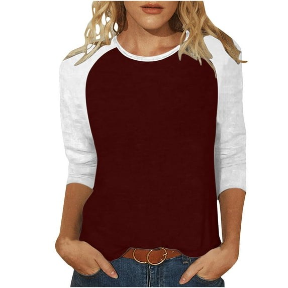 Diufon Fall Womens Tunics Trendy Color Block Comfortable Blouses Round Neck 3/4 Sleeve Tops