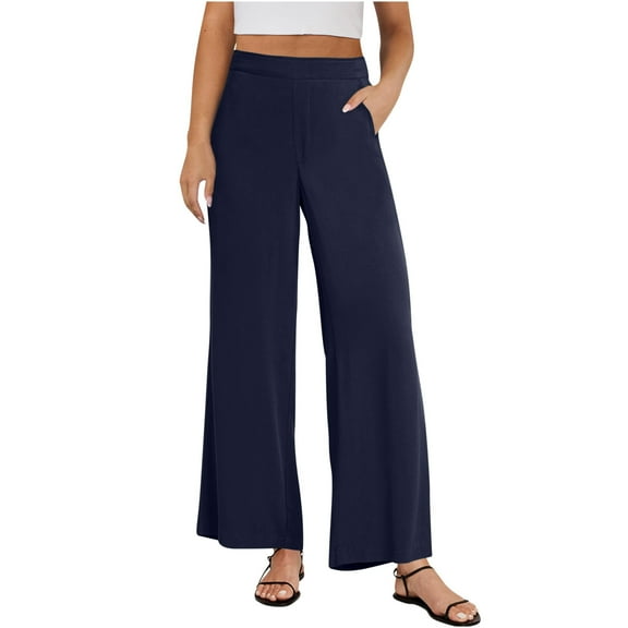Diufon Fashion Elastic Waist Pants for Women Spring Summer Wide Leg Pants with Pockets Solid Color Trousers