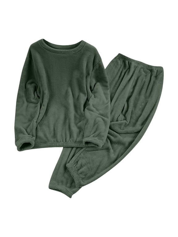 Womens Fleece Pajamas Set 2 Piece Long Sleeve Crewneck Thermal Soft Tops & Elastic Waist Cuffed Pants