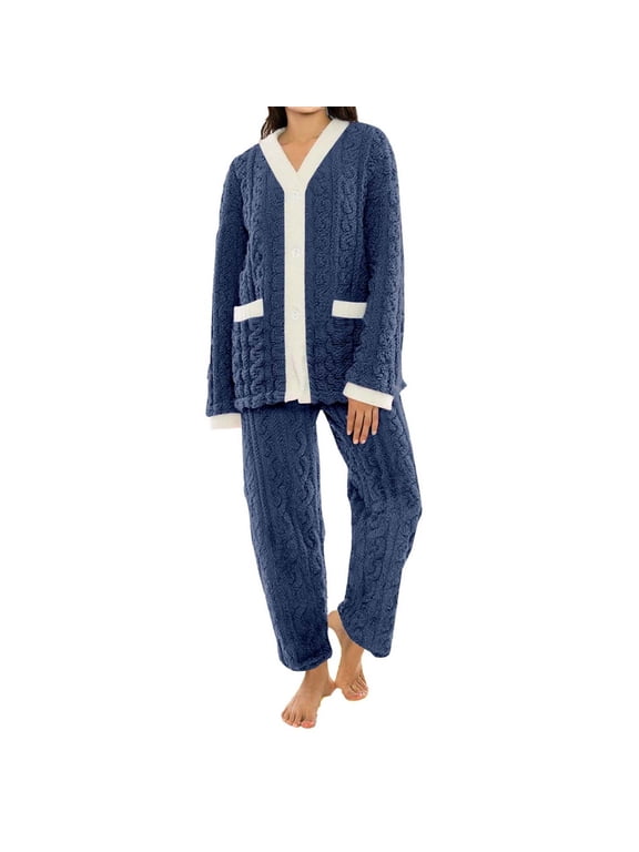 Womens Flannel Pajamas Sets Button Long Sleeve Shirts & Fuzzy Fleece Pants Winter Warm Sleepwear with Pockets