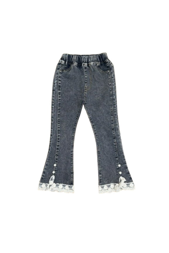 Flare Pants for Girls Elastic Waist Denim Pants Trendy Lace Patchwork Hem Split Jean Pants