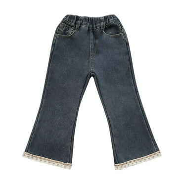 Diufon Flare Pants for Girls Elastic Waist Pants with Pockets Lace Patchwork Hem Denim Pants